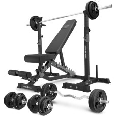 Комплект Marbo Sport MS34_2.0_113KG | Двостороння лава + багаторівневі стійки (2 шт.) для штанги зі страховкою + комплект грифів і навантажень 113 кг