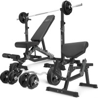 Комплект Marbo Sport MS33_2.0_113KG | Двостороння лава + багаторівневі стійки (2 штуки) для штанги з страховкою + лава Скотта з регулюванням опори + комплект грифів і навантажень 113 кг