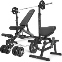 Комплект Marbo Sport MS33_2.0_83KG_G | Двостороння лава + багаторівневі стійки (2 шт.) для штанги зі страховкою + лава Скотта з регульованою опорою + комплект грифів і гумових навантажень 83 кг