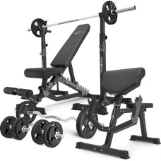 Комплект Marbo Sport MS33_2.0_83KG_G | Двостороння лава + багаторівневі стійки (2 шт.) для штанги зі страховкою + лава Скотта з регульованою опорою + комплект грифів і гумових навантажень 83 кг