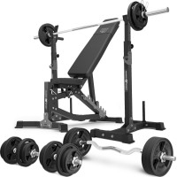 Комплект Marbo Sport MS30_2.0_113KG_G | Двостороння регульована лава + багаторівневі стійки (2 шт.) для штанги зі страховкою + комплект грифів і гумових навантажень 113 кг