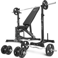 Комплект Marbo Sport MS30_2.0_83KG | Двостороння регульована лава + багаторівневі стійки (2 шт.) для штанги зі страховкою + комплект грифів і навантажень 83 кг