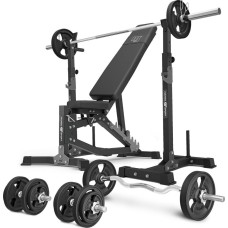 Комплект Marbo Sport MS30_2.0_83KG_G | Двостороння регульована лава + багаторівневі стійки (2 шт.) для штанги зі страховкою + комплект грифів і гумових навантажень 83 кг