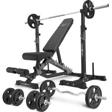 Комплект Marbo Sport MS34_2.0_83KG_G | Двостороння лава + багаторівневі стійки (2 шт.) для штанги зі страховкою + комплект грифів і гумових навантажень 83 кг