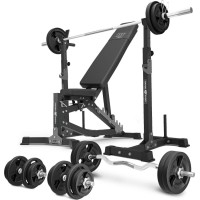 Комплект Marbo Sport MS30_2.0_113KG | Двостороння регульована лава + багаторівневі стійки (2 шт.) для штанги зі страховкою + комплект грифів і навантажень 113 кг