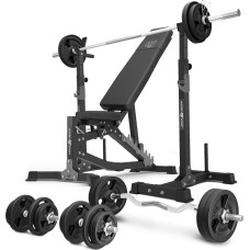Комплект Marbo Sport MS30_2.0_113KG | Двостороння регульована лава + багаторівневі стійки (2 шт.) для штанги зі страховкою + комплект грифів і навантажень 113 кг