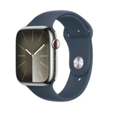 Розумний годинник Apple Watch Series 9 GPS + Cellular, корпус 45 мм з нержавіючої сталі, сріблястий спортивний ремінець, синій M/L