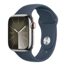 Смарт-годинник Apple Watch Series 9 GPS + Cellular, корпус 41 мм з нержавіючої сталі, сріблястий, синій спортивний ремінець, S/M