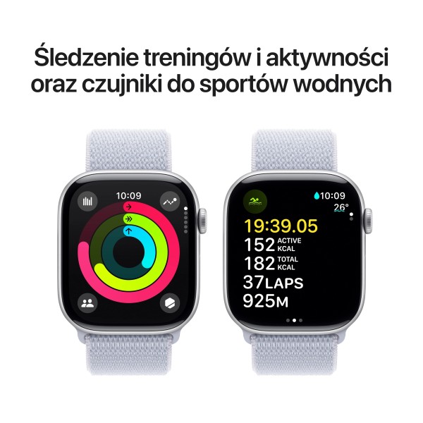 Корпус Apple Watch Series 10 GPS + Cellular, 46 мм, сріблястий алюміній, спортивний ремінець блакитного кольору